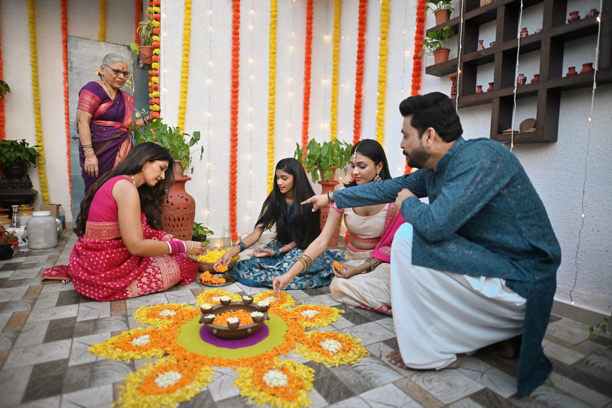 South Asian family celebration with floral décor